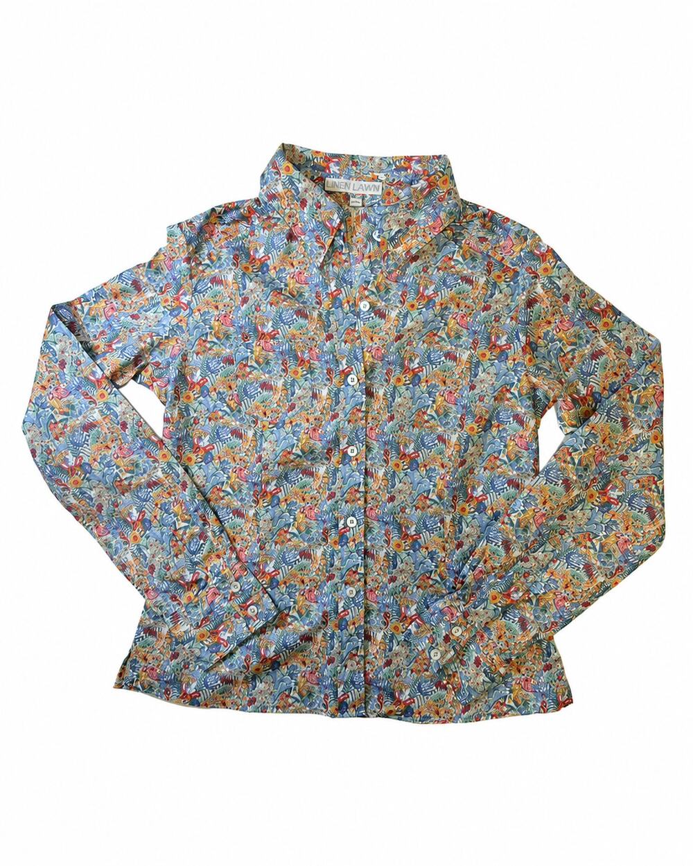Linen Lawn Womens 8 Floral 100% Cotton Button Down Shirt Blue Multicolor